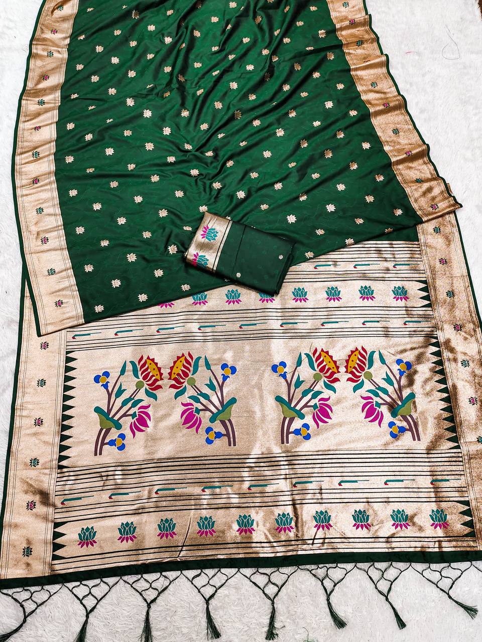 Deep Forest Green Silk Saree with Golden Zari Border & Handcrafted Floral Pallu