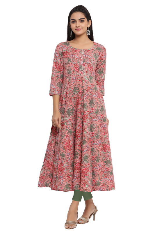 Jaipuri Cotton Floral Printed Anarkali/Flared Kurti for Women