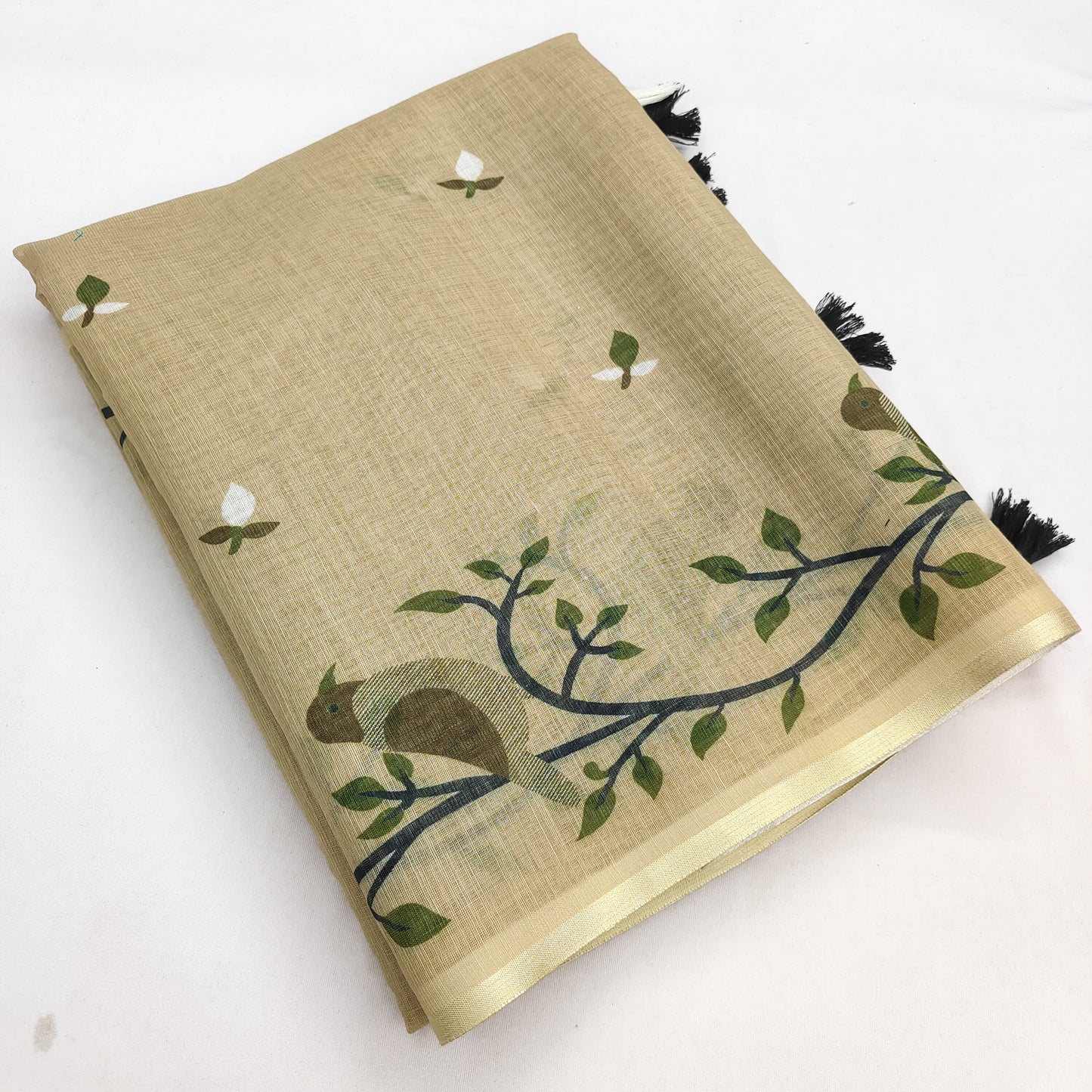Elegant Beige Linen Saree with Artistic Bird & Nature Print Design