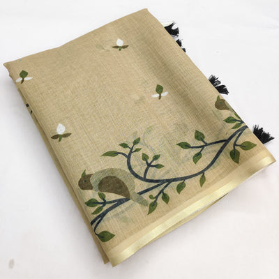 Elegant Beige Linen Saree with Artistic Bird & Nature Print Design