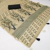 Elegant Beige Linen Saree with Artistic Bird & Nature Print Design