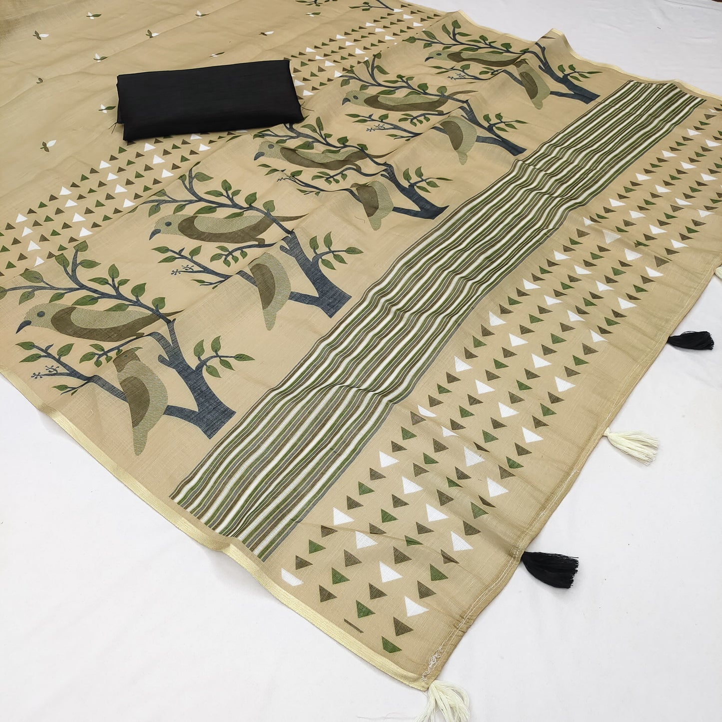 Elegant Beige Linen Saree with Artistic Bird & Nature Print Design