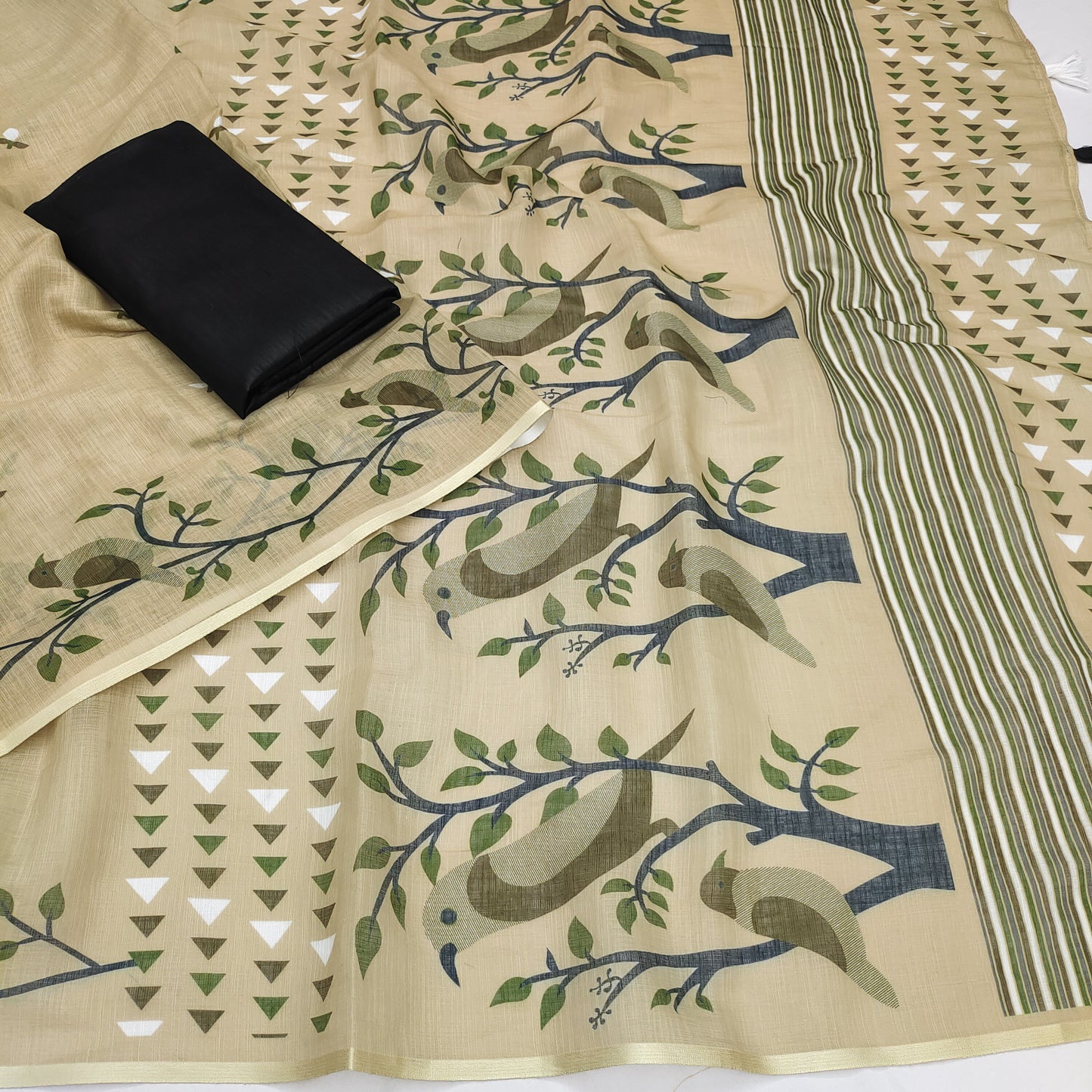 Elegant Beige Linen Saree with Artistic Bird & Nature Print Design