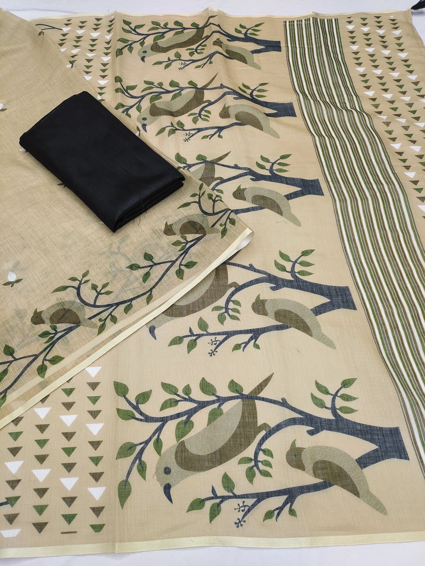 Elegant Beige Linen Saree with Artistic Bird & Nature Print Design