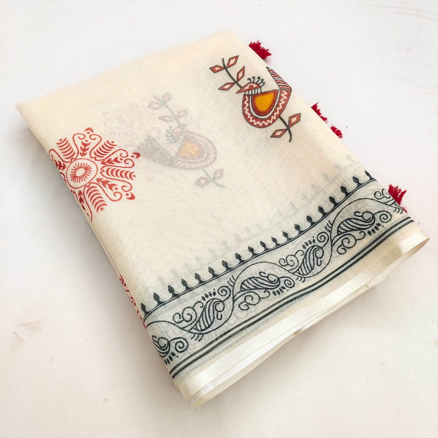 Classic Off-White Linen Saree with Folk Bird Motif & Tribal Border Design