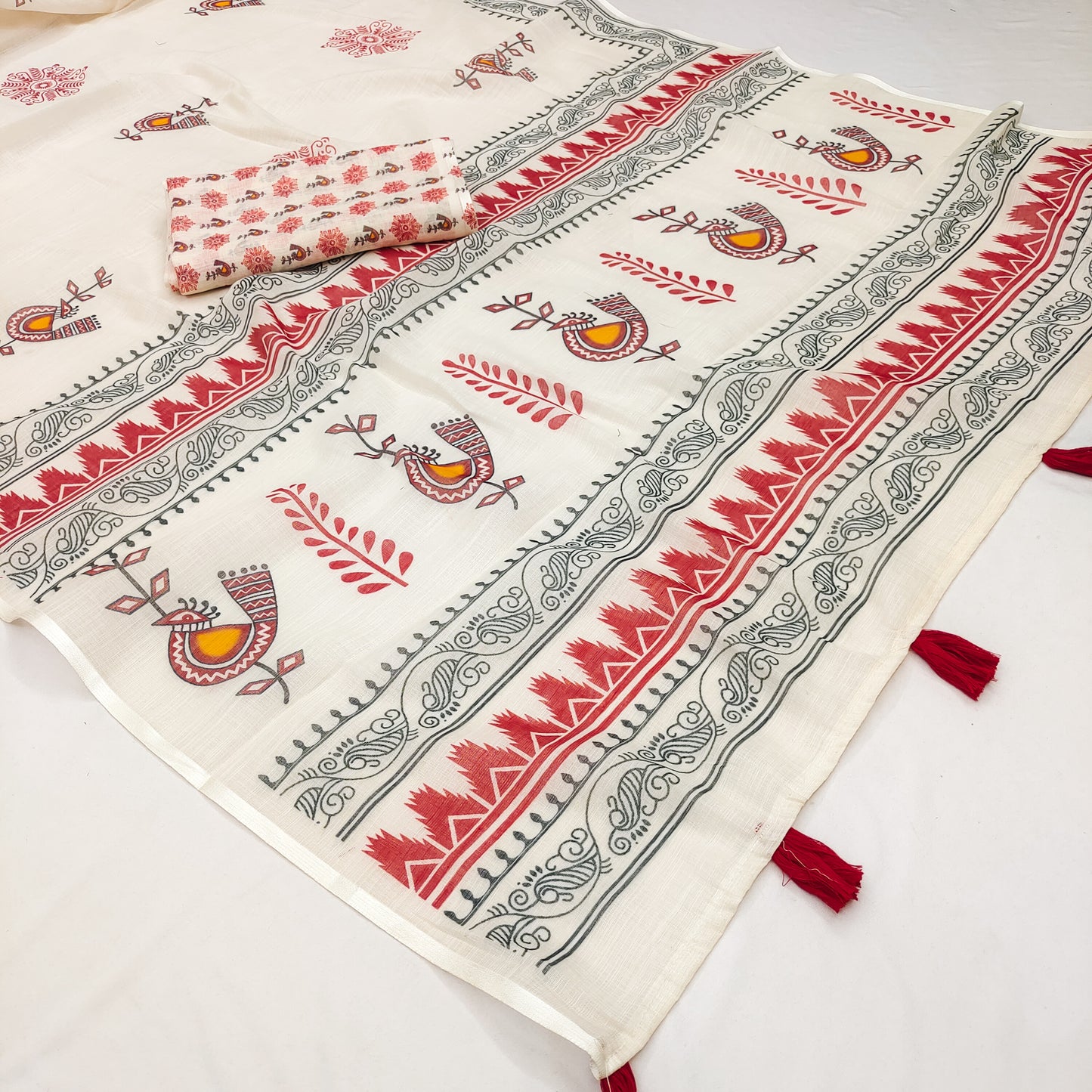 Classic Off-White Linen Saree with Folk Bird Motif & Tribal Border Design