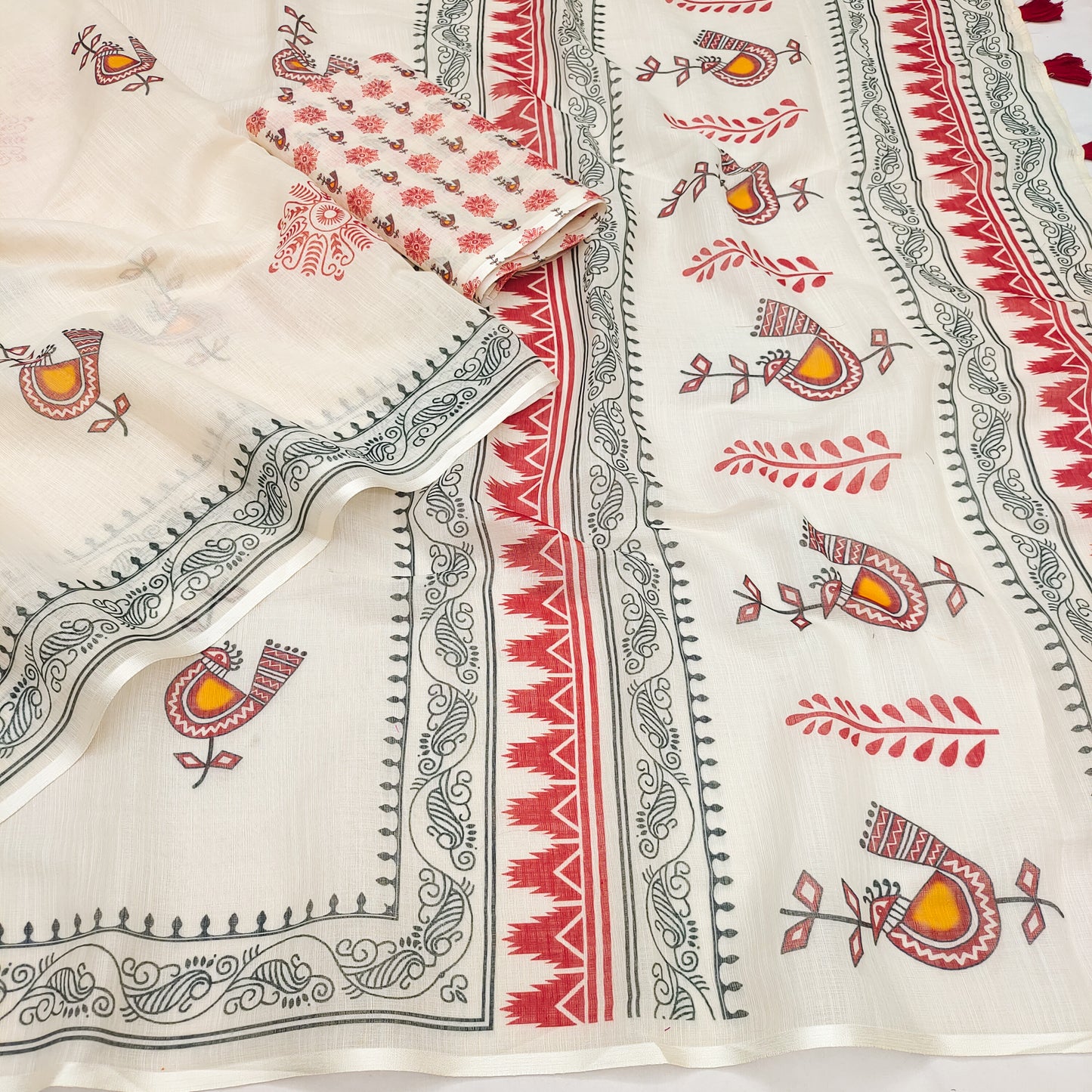 Classic Off-White Linen Saree with Folk Bird Motif & Tribal Border Design
