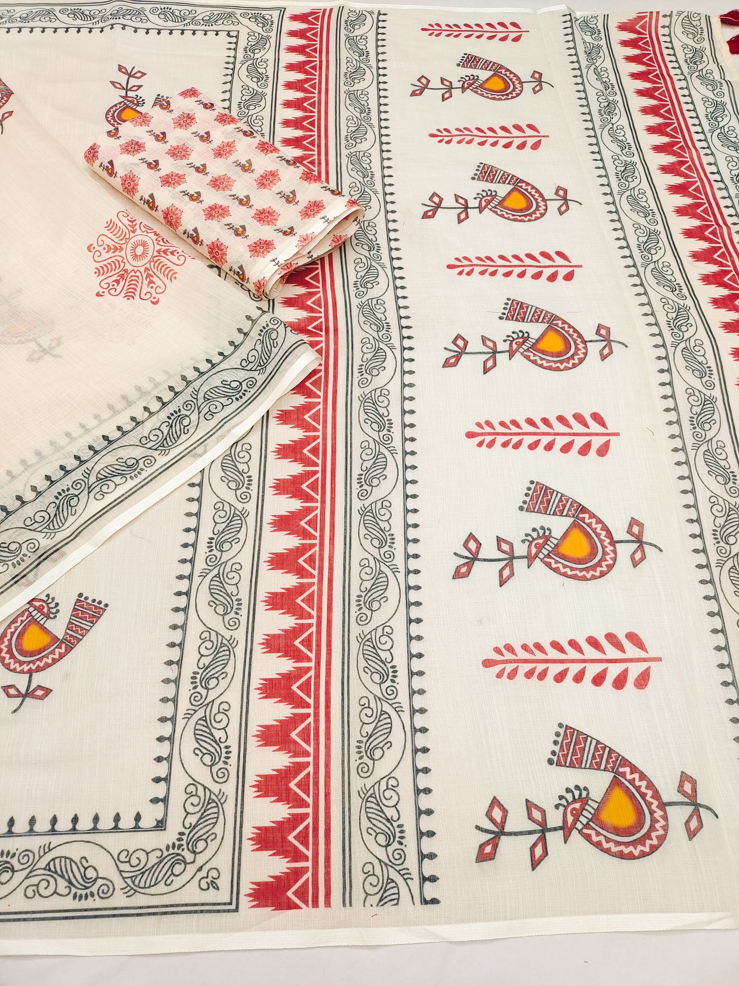 Classic Off-White Linen Saree with Folk Bird Motif & Tribal Border Design