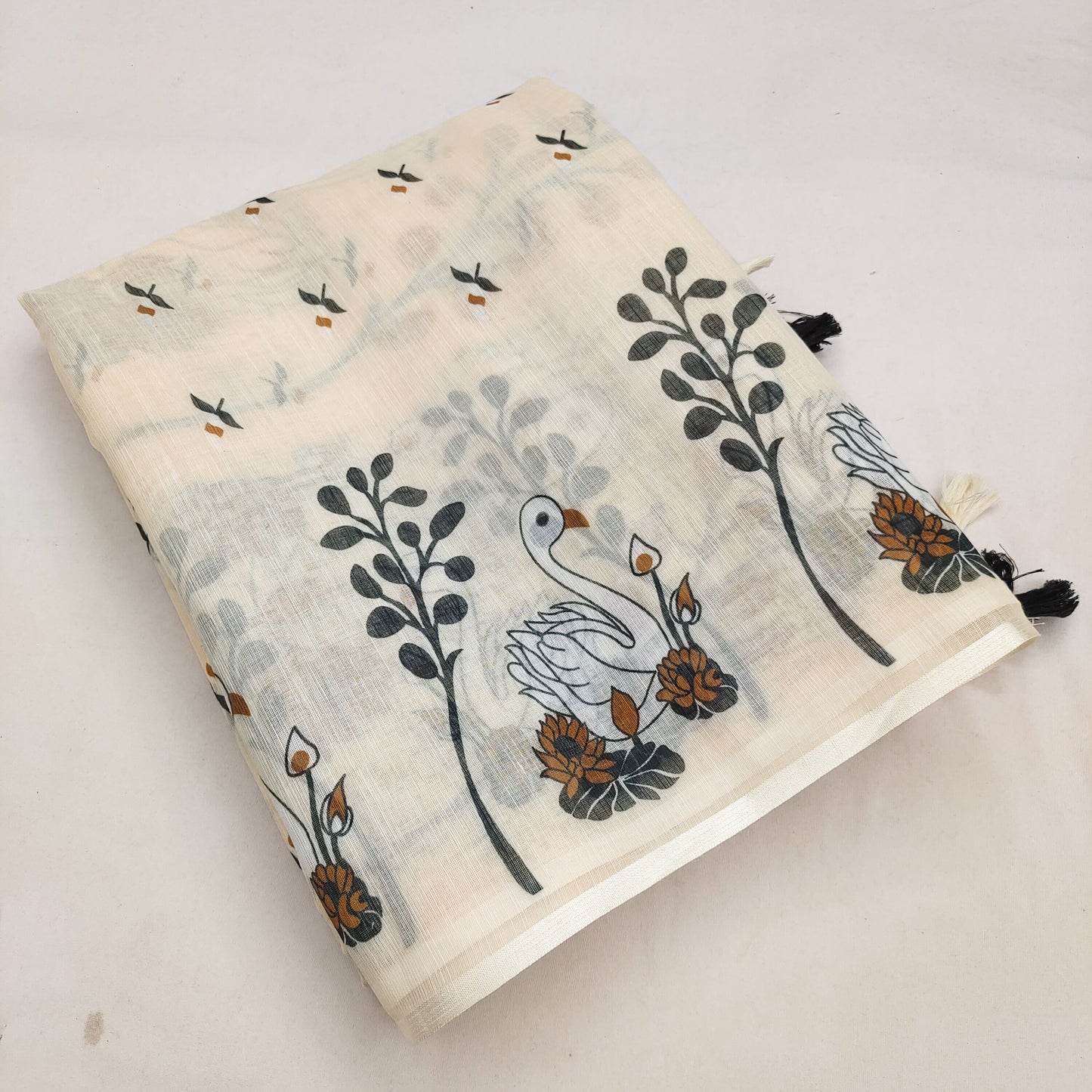 Elegant Cream Linen Saree with Swan & Lotus Artistic Nature Print