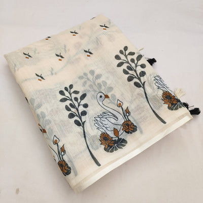 Elegant Cream Linen Saree with Swan & Lotus Artistic Nature Print