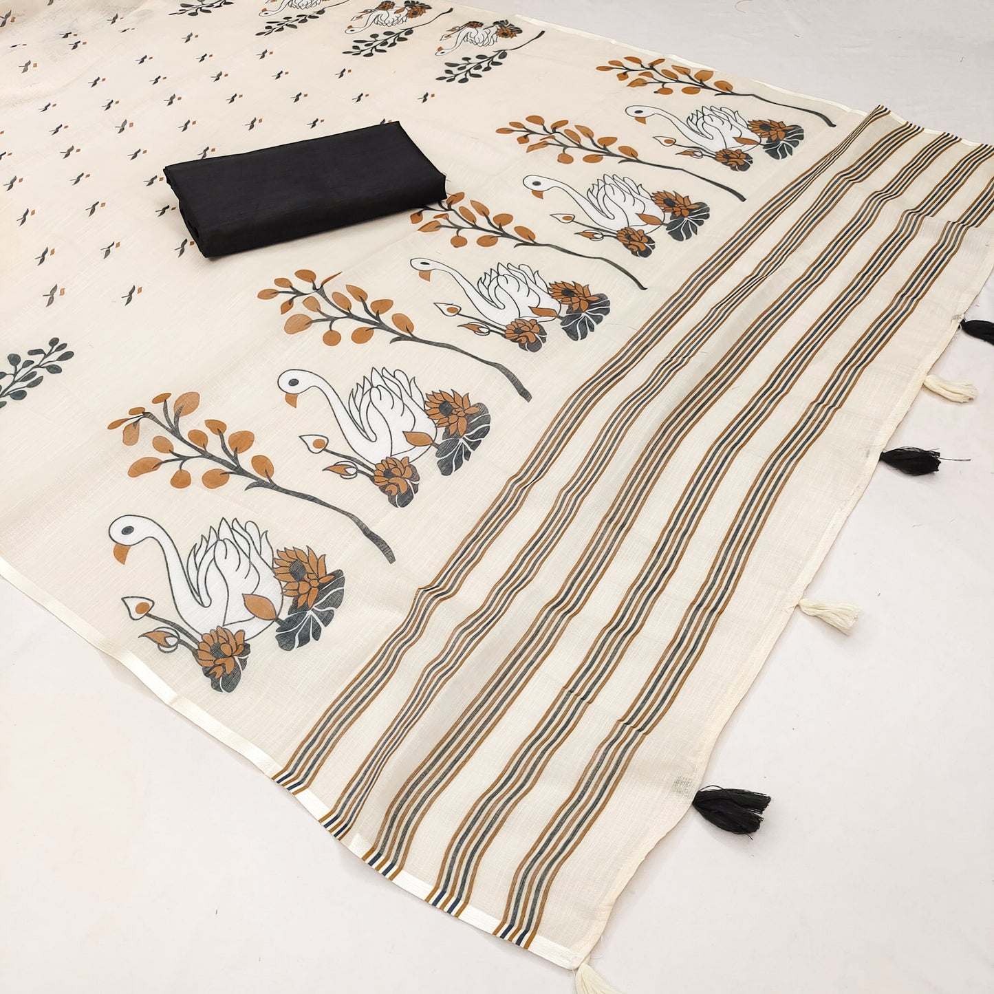 Elegant Cream Linen Saree with Swan & Lotus Artistic Nature Print