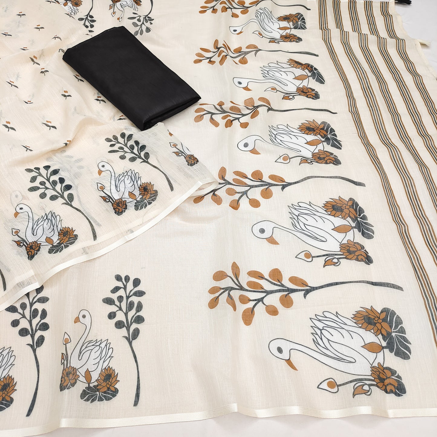 Elegant Cream Linen Saree with Swan & Lotus Artistic Nature Print