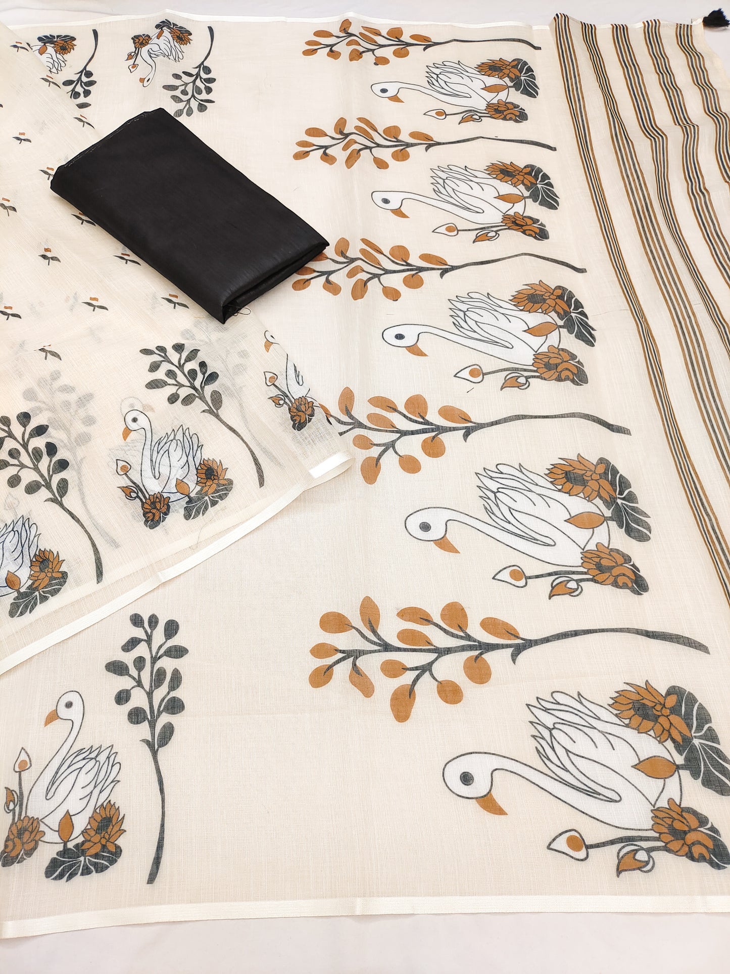 Elegant Cream Linen Saree with Swan & Lotus Artistic Nature Print