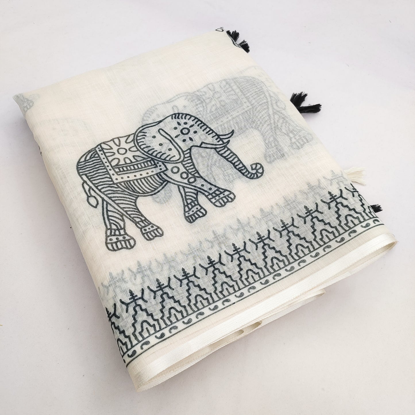 Minimal Off-White Linen Saree with Traditional Elephant Motif & Tribal Border