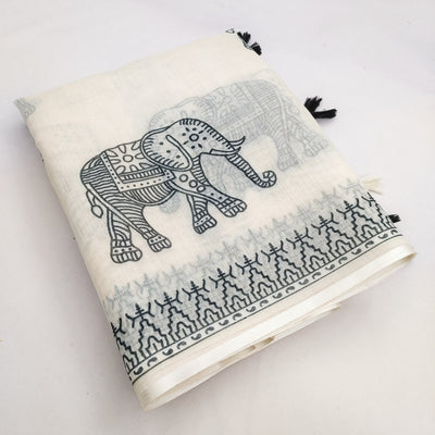 Minimal Off-White Linen Saree with Traditional Elephant Motif & Tribal Border