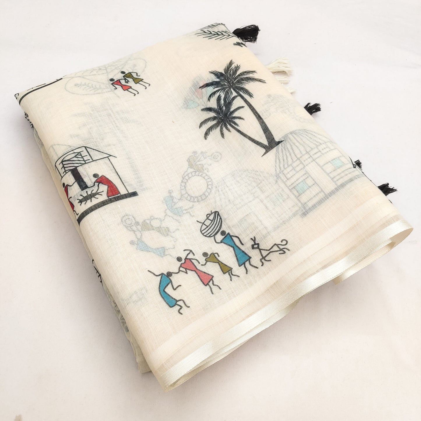 Artistic Off-White Linen Saree with Warli Village Story Print Design
