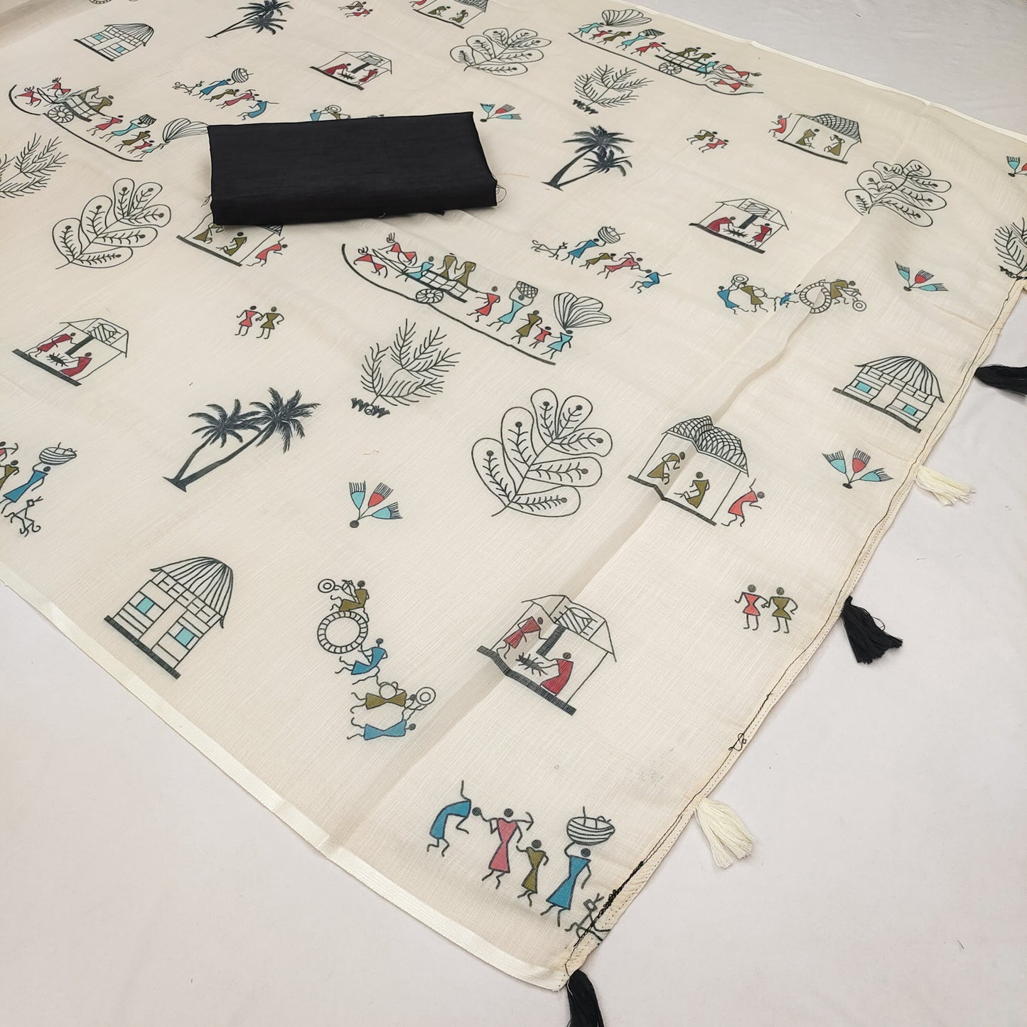 Artistic Off-White Linen Saree with Warli Village Story Print Design