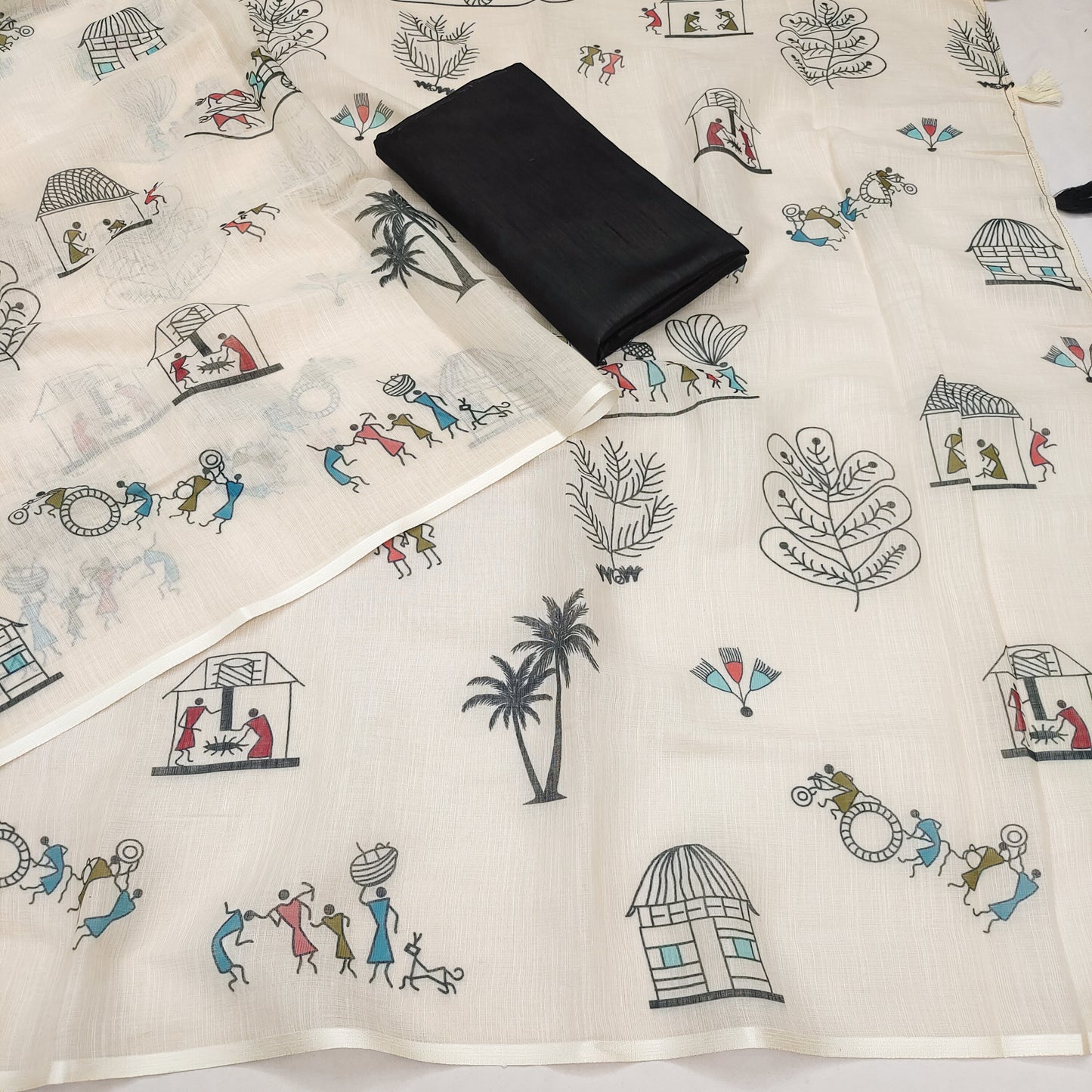 Artistic Off-White Linen Saree with Warli Village Story Print Design