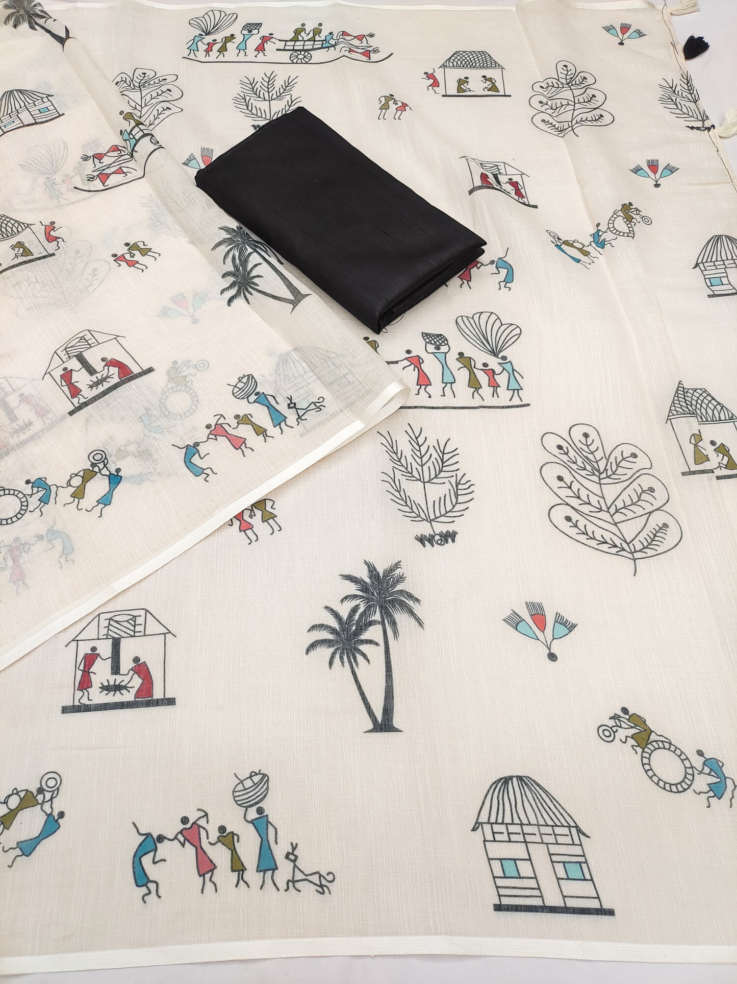 Artistic Off-White Linen Saree with Warli Village Story Print Design