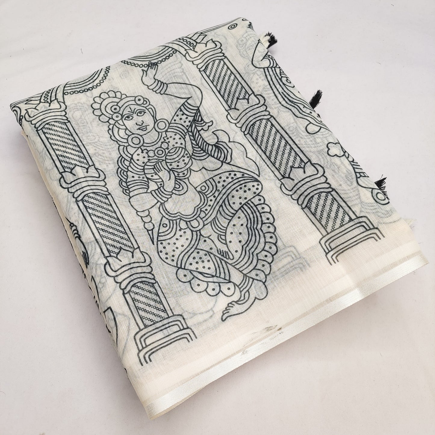 Heritage Off-White Linen Saree with Mythological Temple Panel Art Design