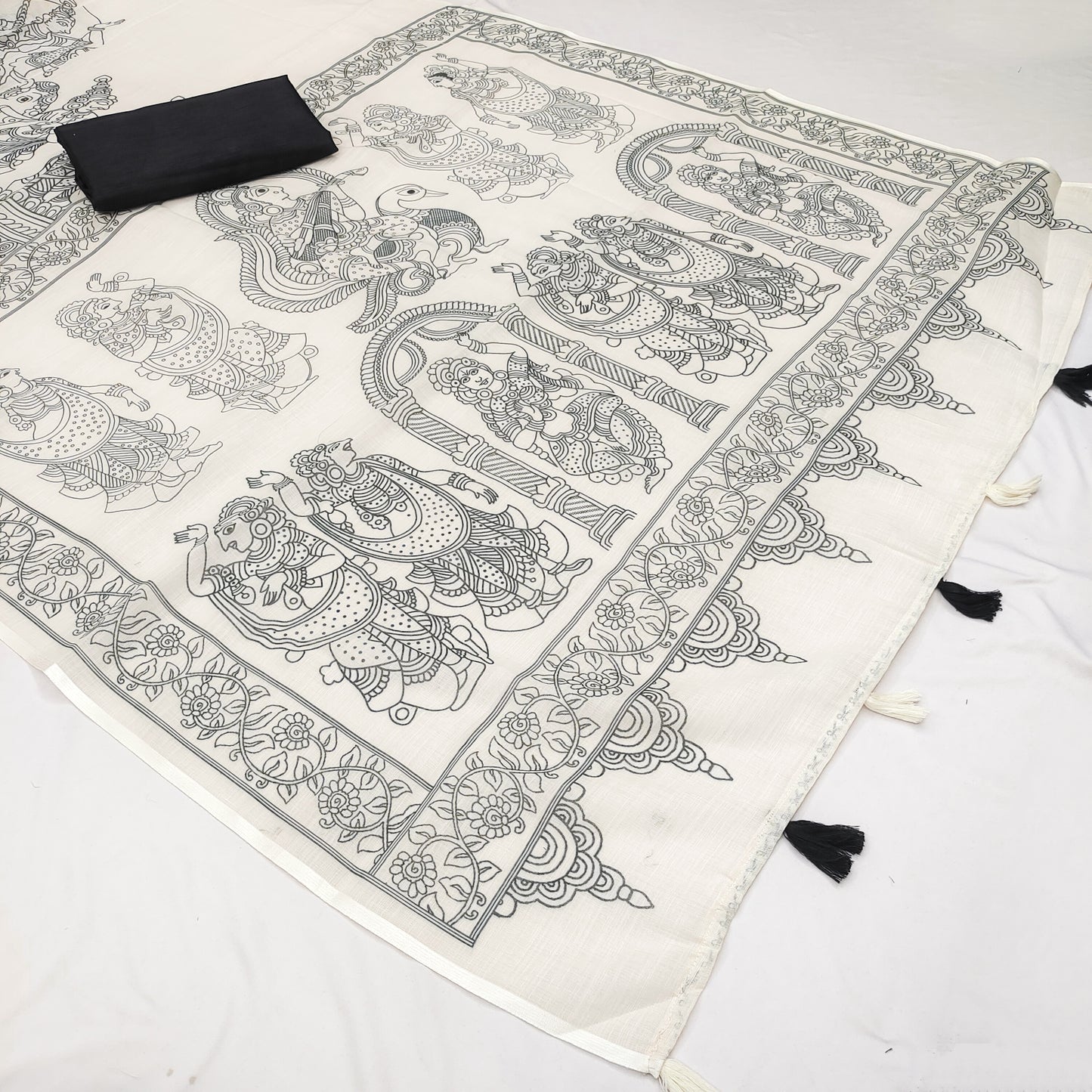 Heritage Off-White Linen Saree with Mythological Temple Panel Art Design