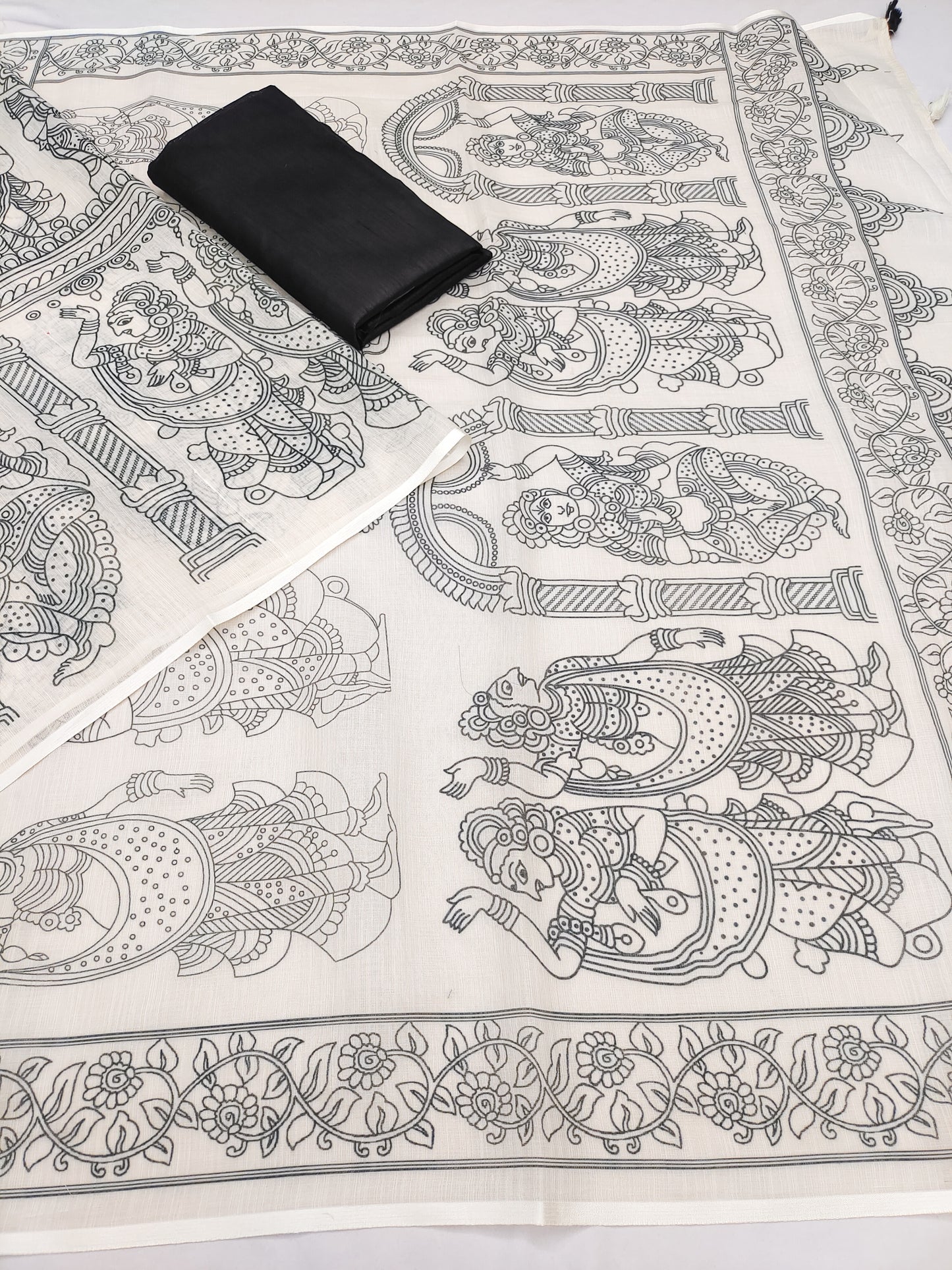 Heritage Off-White Linen Saree with Mythological Temple Panel Art Design