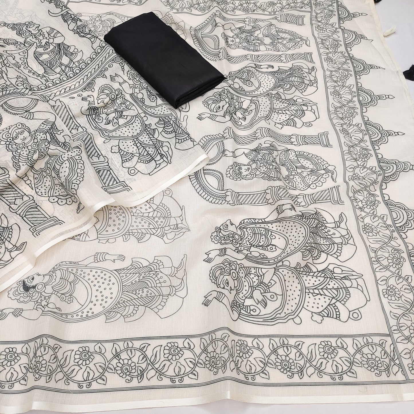 Heritage Off-White Linen Saree with Mythological Temple Panel Art Design