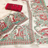 Elegant Off-White Linen Saree with Madhubani Lady & Floral Garden Art