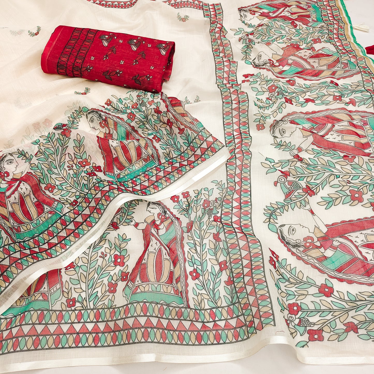 Elegant Off-White Linen Saree with Madhubani Lady & Floral Garden Art