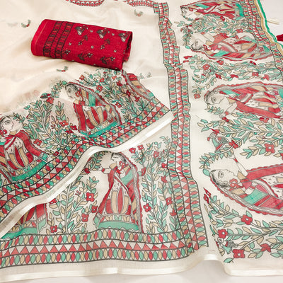 Elegant Off-White Linen Saree with Madhubani Lady & Floral Garden Art