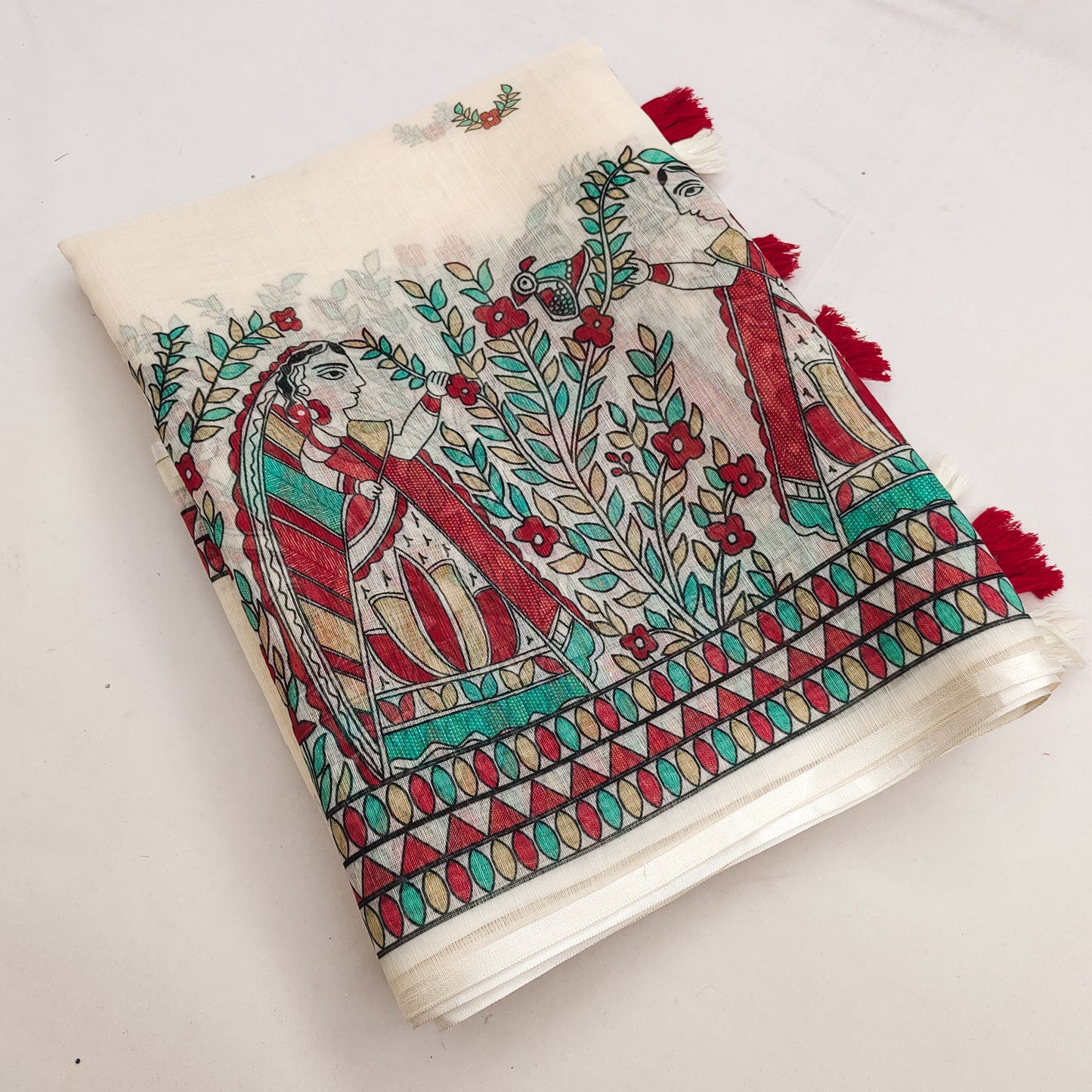 Elegant Off-White Linen Saree with Madhubani Lady & Floral Garden Art