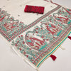 Elegant Off-White Linen Saree with Madhubani Lady & Floral Garden Art