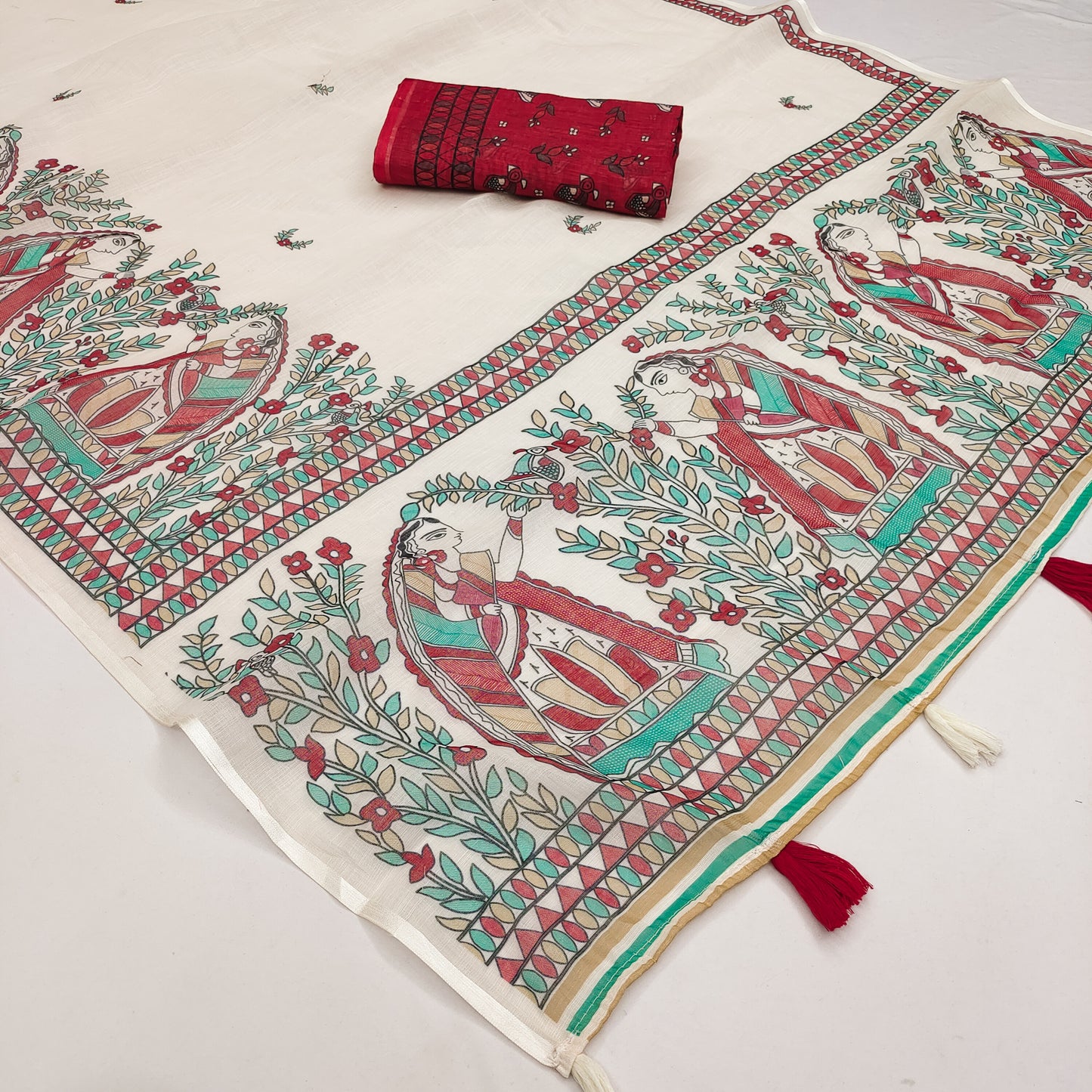 Elegant Off-White Linen Saree with Madhubani Lady & Floral Garden Art