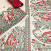 Elegant Off-White Linen Saree with Madhubani Lady & Floral Garden Art