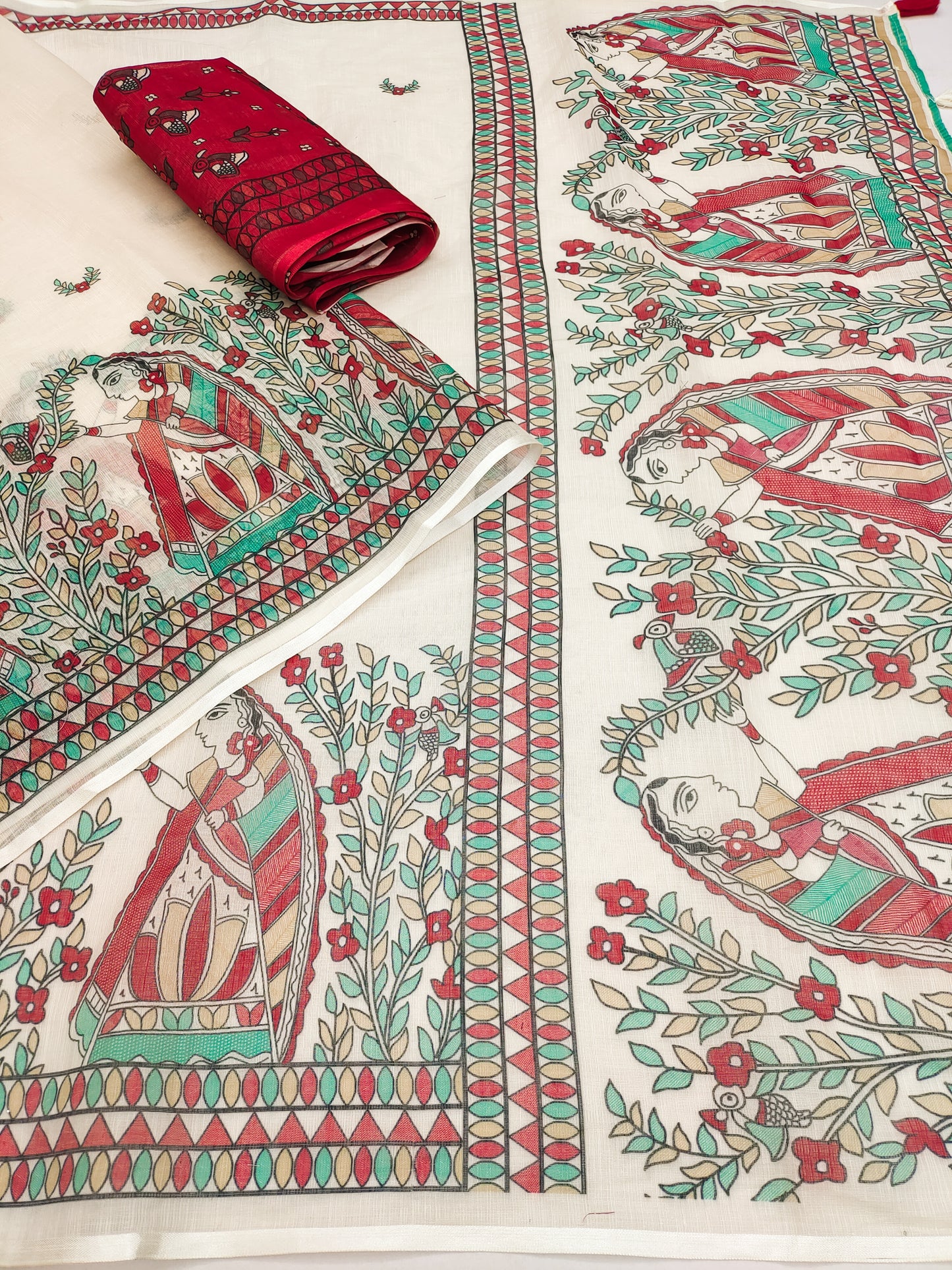 Elegant Off-White Linen Saree with Madhubani Lady & Floral Garden Art