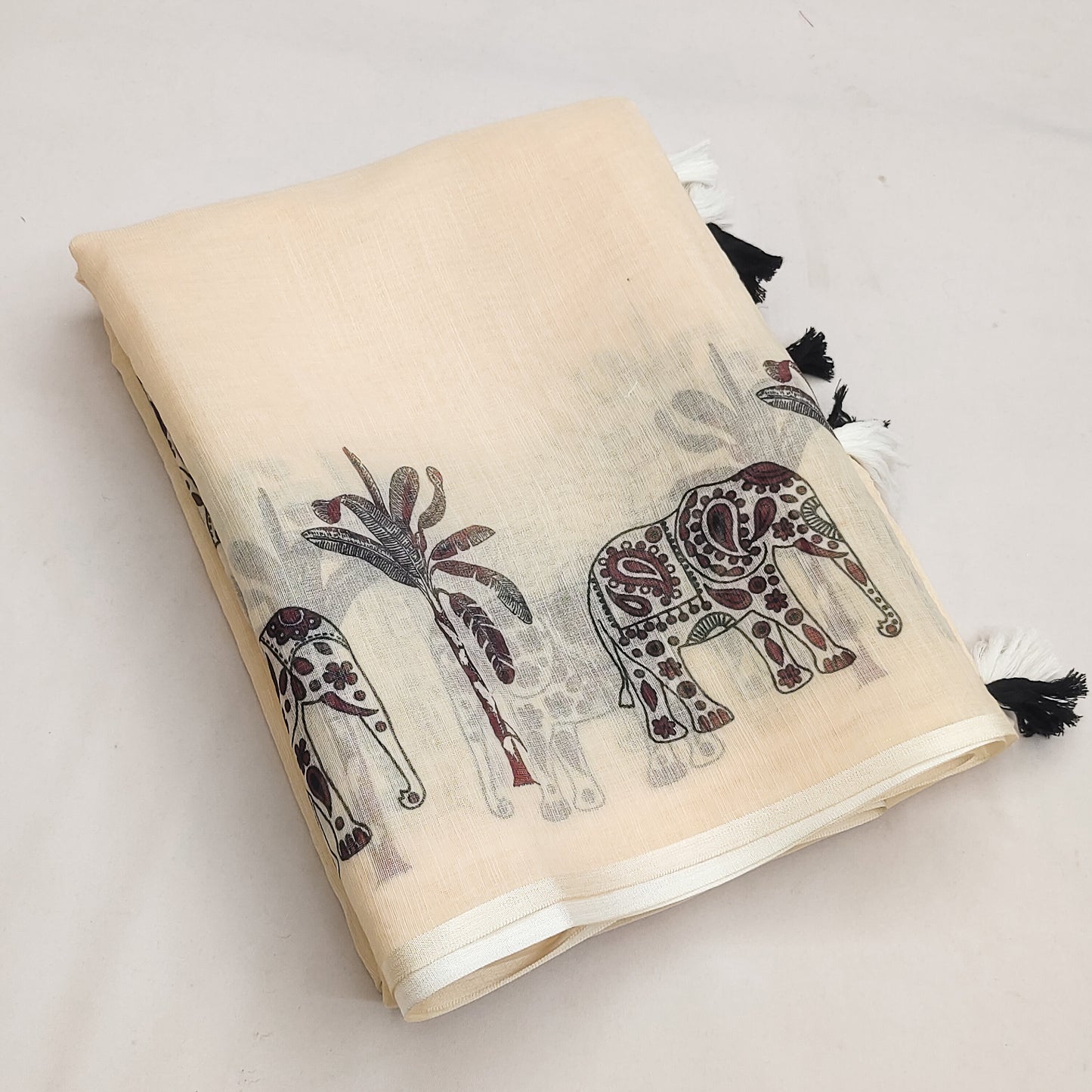 Classic Off-White Linen Saree with Tribal Elephant & Palm Stripe Design