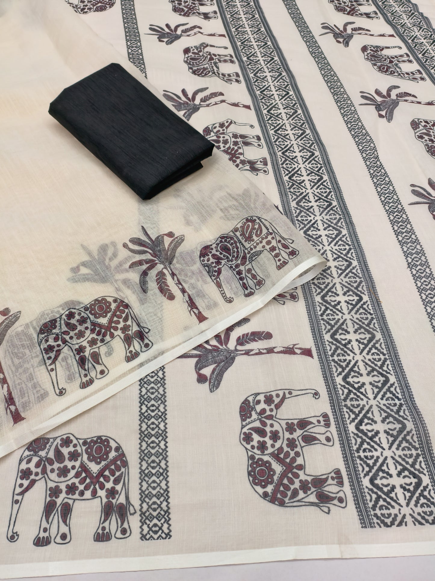 Classic Off-White Linen Saree with Tribal Elephant & Palm Stripe Design