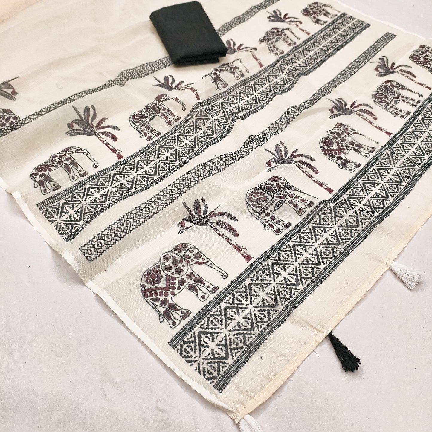 Classic Off-White Linen Saree with Tribal Elephant & Palm Stripe Design