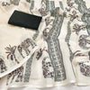 Classic Off-White Linen Saree with Tribal Elephant & Palm Stripe Design