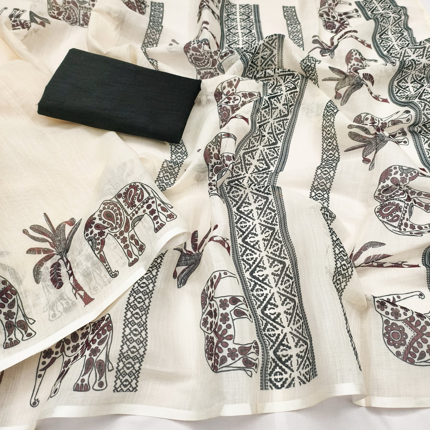 Classic Off-White Linen Saree with Tribal Elephant & Palm Stripe Design