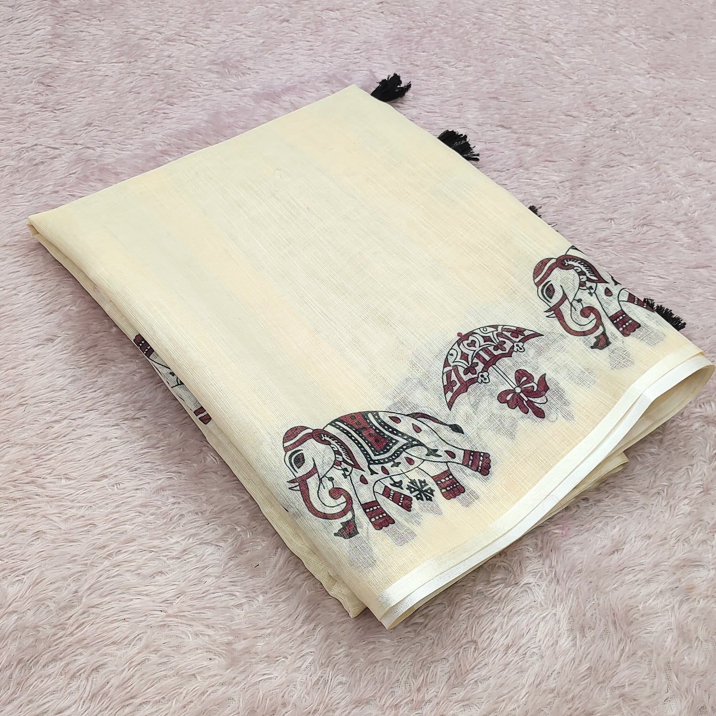 Graceful Off-White Linen Saree with Royal Elephant & Umbrella Motif Stripes
