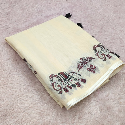 Graceful Off-White Linen Saree with Royal Elephant & Umbrella Motif Stripes