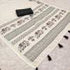 Graceful Off-White Linen Saree with Royal Elephant & Umbrella Motif Stripes