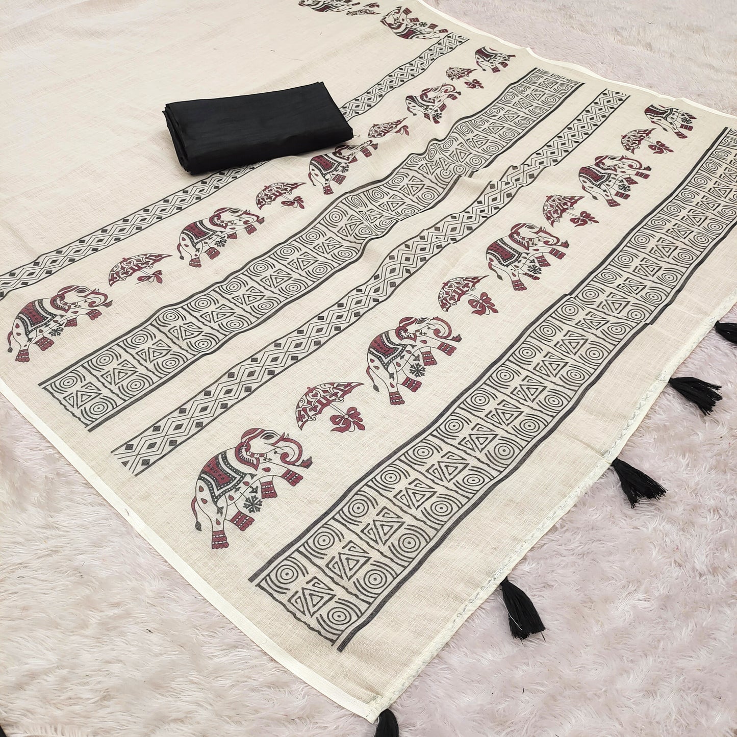 Graceful Off-White Linen Saree with Royal Elephant & Umbrella Motif Stripes