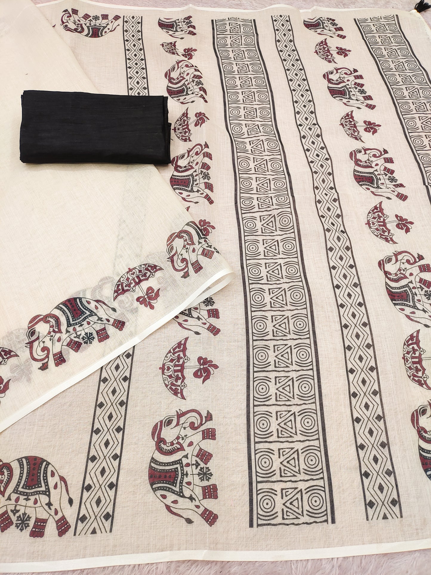 Graceful Off-White Linen Saree with Royal Elephant & Umbrella Motif Stripes