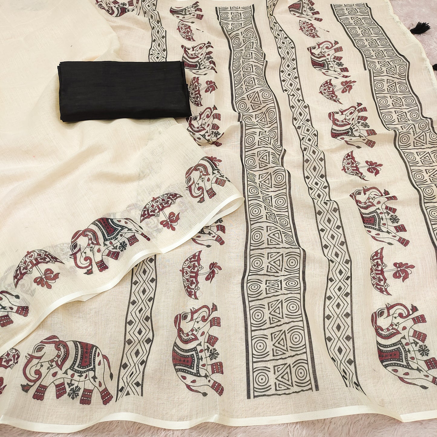 Graceful Off-White Linen Saree with Royal Elephant & Umbrella Motif Stripes