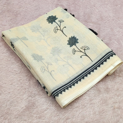 Sophisticated Off-White Linen Saree with Dragonfly Motifs & Geometric Lattice Pallu