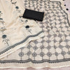 Sophisticated Off-White Linen Saree with Dragonfly Motifs & Geometric Lattice Pallu