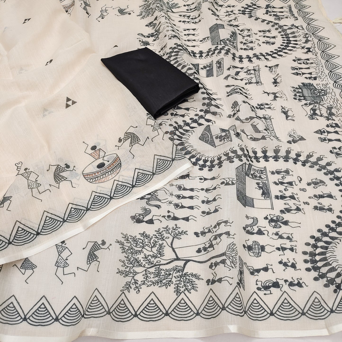 Artistic Off-White Linen Saree with Warli Festival Story & Tribal Dance Pallu
