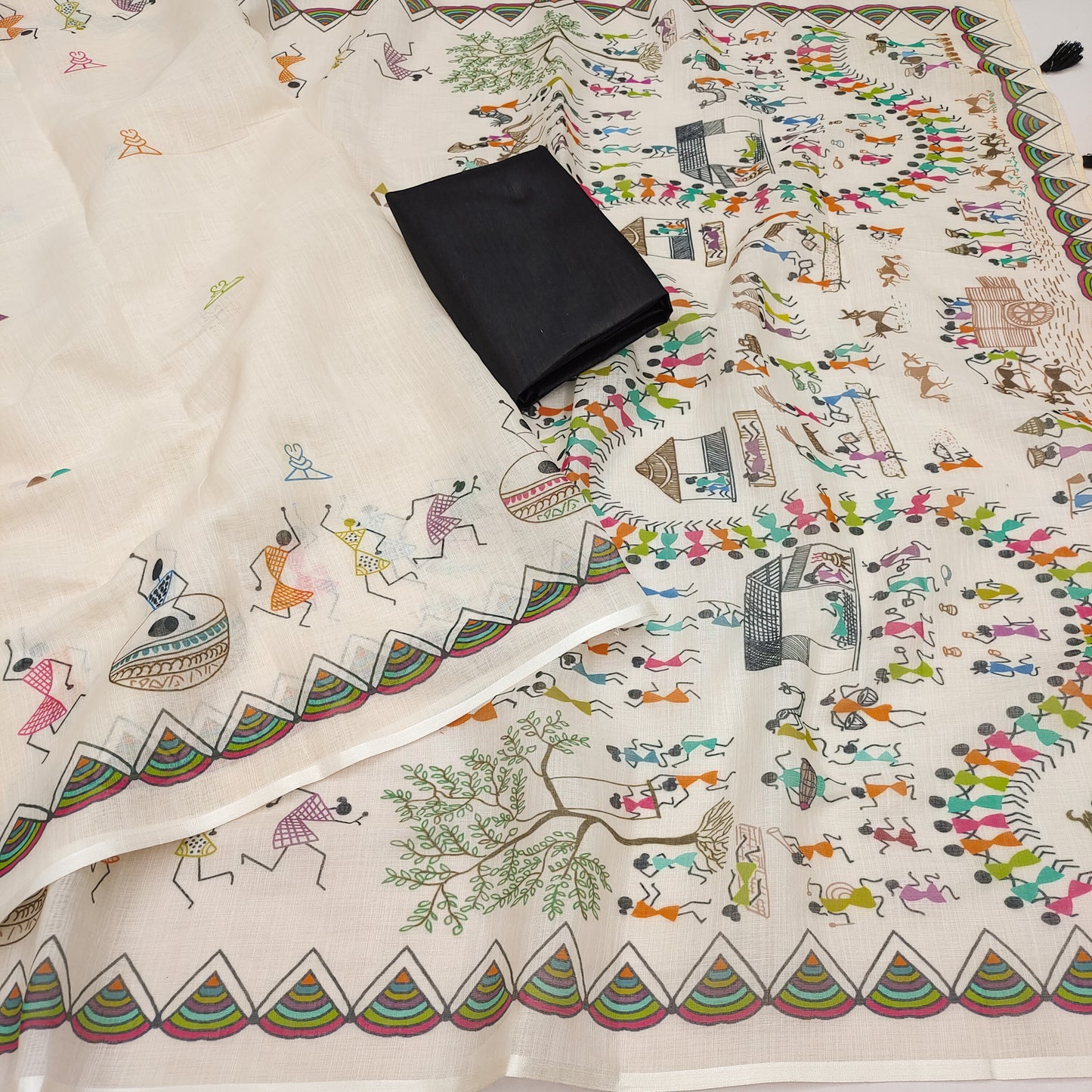 Vibrant Off-White Linen Saree with Multicolor Warli Festival Story Pallu